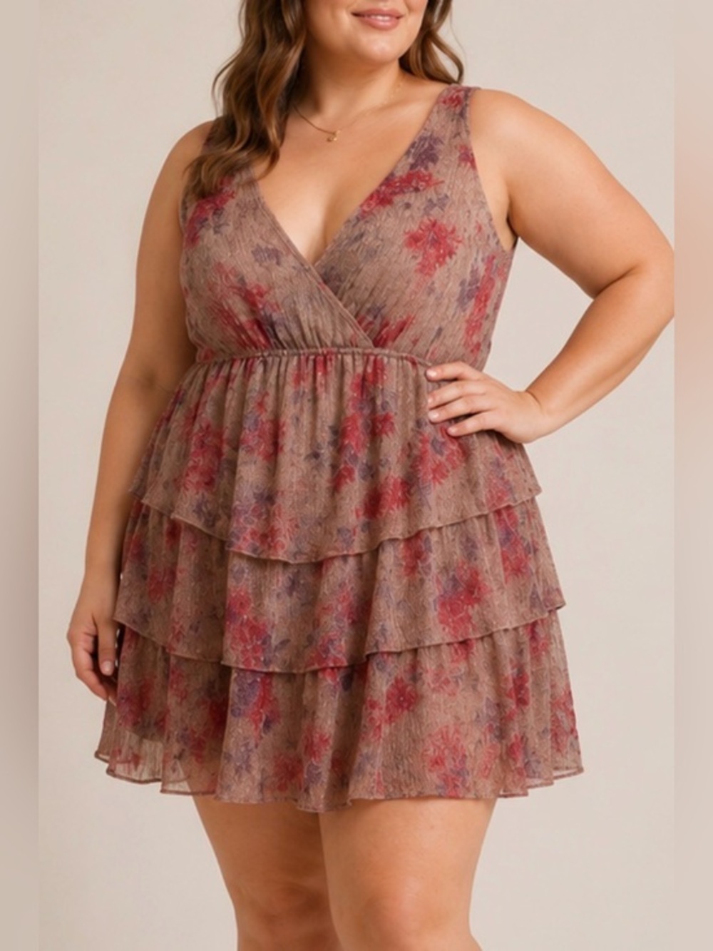 Michael Costello x Revolve Red Pink Floral Oriana Tiered V-Neck Mini Dress
